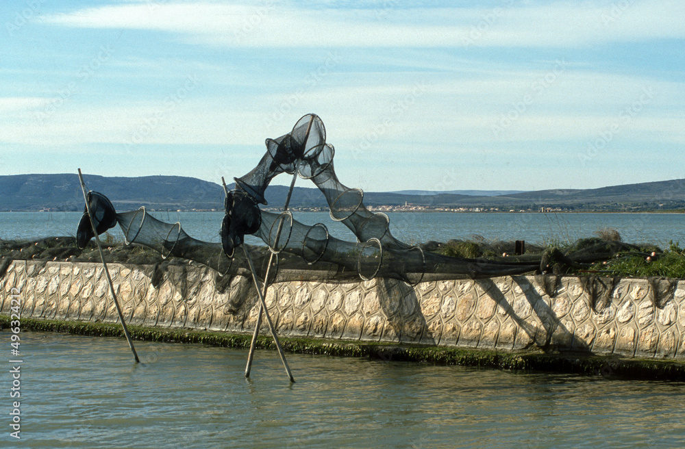 Filets de pêche, Etang de Vic, lagune, espace naturel protégé, 34, Hérault