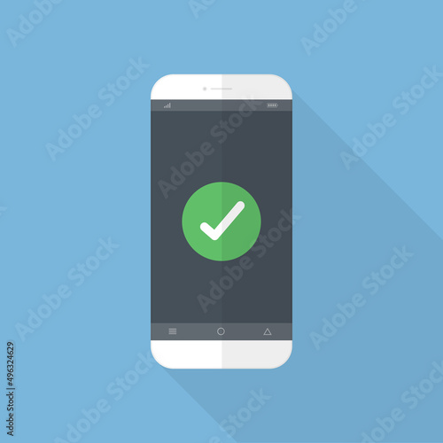 Flat design style human hand  holding smartphone or tablet with green check mark on the screen , vector design element illustration