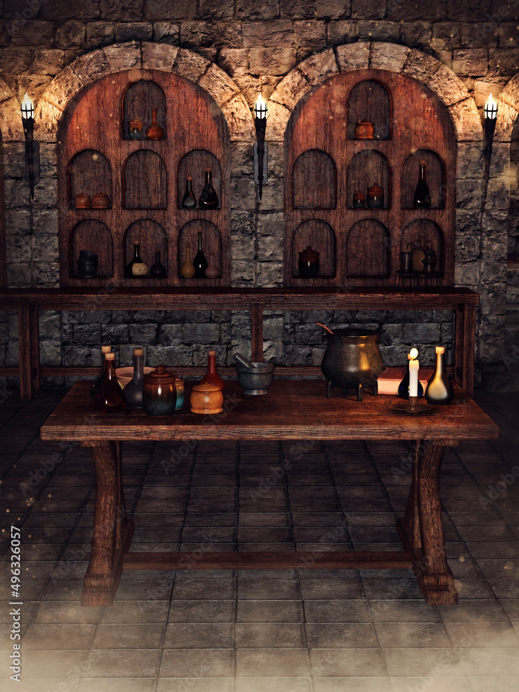 Fantasy scene with a table with many alchemical potions in a dark castle. 3D render.