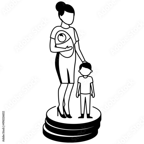 Single Mom Standing on Coin Stack Vector Icon Design, Economic Assistance Symbol, Unemployment Benefits Sign, Unconditional Income stock illustration, Maternity Care Concept, 