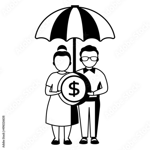 Senior citizens protection plan Vector Icon Design, Economic Assistance Symbol, Unemployment Benefits Sign, Unconditional Income stock illustration, aged couple under umbrella and holding coin Concept
