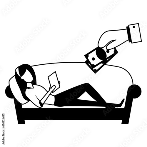 Girl lying down on sofa and reading Vector Icon Design, Economic Assistance Symbol, Unemployment Benefits Sign, Unconditional Income stock illustration, obtaining a universal basic income Concept,