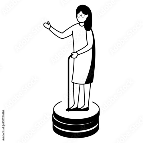 senior citizen holding stick and standing on coin stack Vector Icon Design, Economic Assistance Symbol, Unemployment Benefits Sign, Unconditional Income stock illustration, Old Age Pension Concept, 
