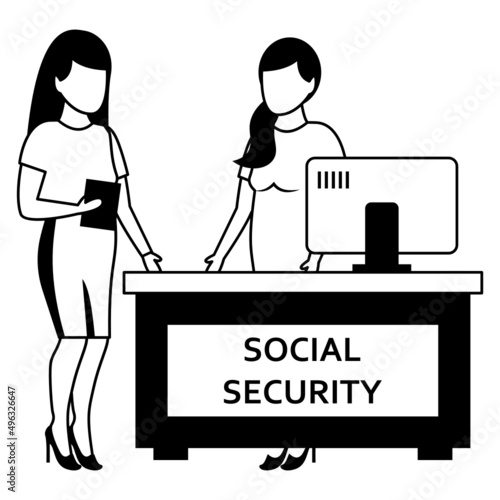 walk-in visitor Vector Icon Design, Economic Assistance Symbol, Unemployment Benefits Sign, Unconditional Income stock illustration, Retired Lady visiting Social Security Office Concept,