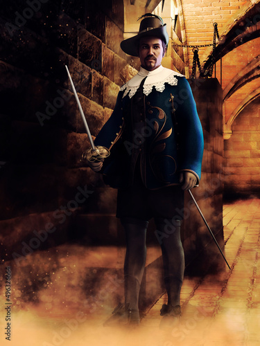Fantasy musketeer with two swords standing in front of castle stairs at night. 3D render - the man is a 3D object. 