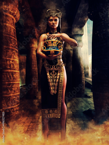 Fantasy ancient Egyptian priestess standing with a vase by a column with hieroglyphs. 3D render - the woman is a 3D object. 