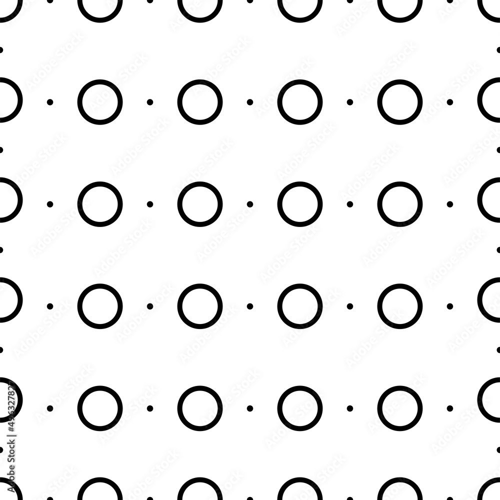 Vector illustration. Geometric seamless pattern. Solid dots and rhombus-shaped linear circles. Spotted black and white background. Simple black and white abstract pattern.