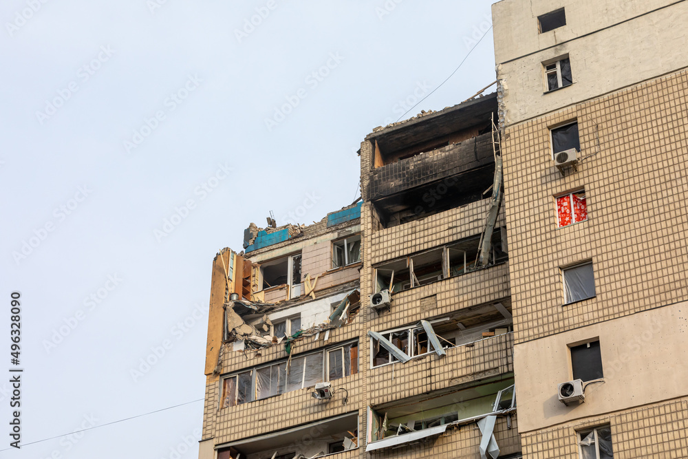 War in Ukraine. Damaged residential building War in Ukraine. Damaged residential building