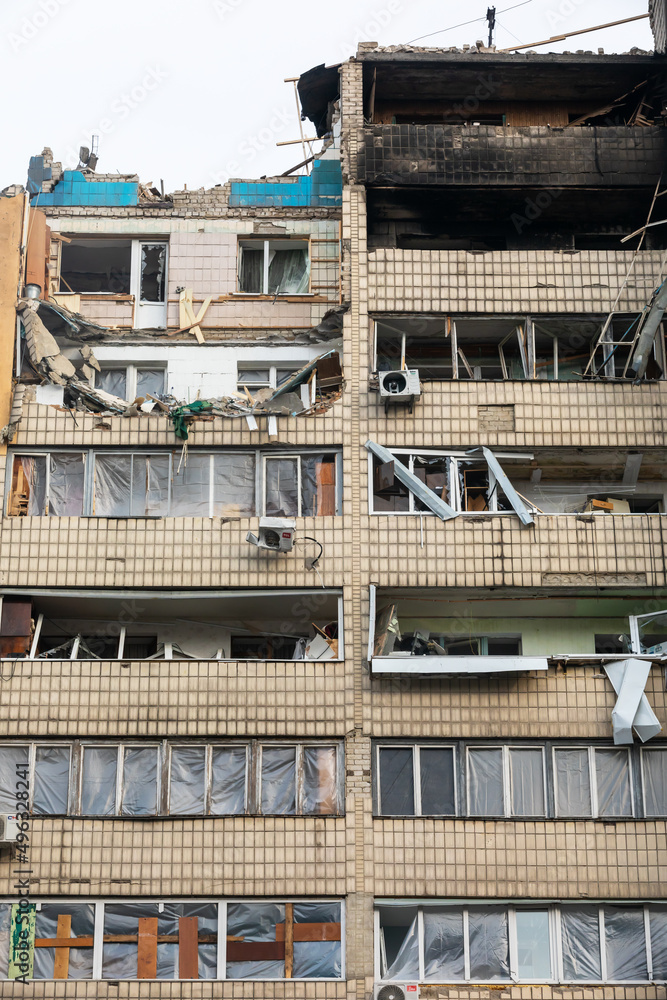 War in Ukraine. Damaged residential building War in Ukraine. Damaged residential building