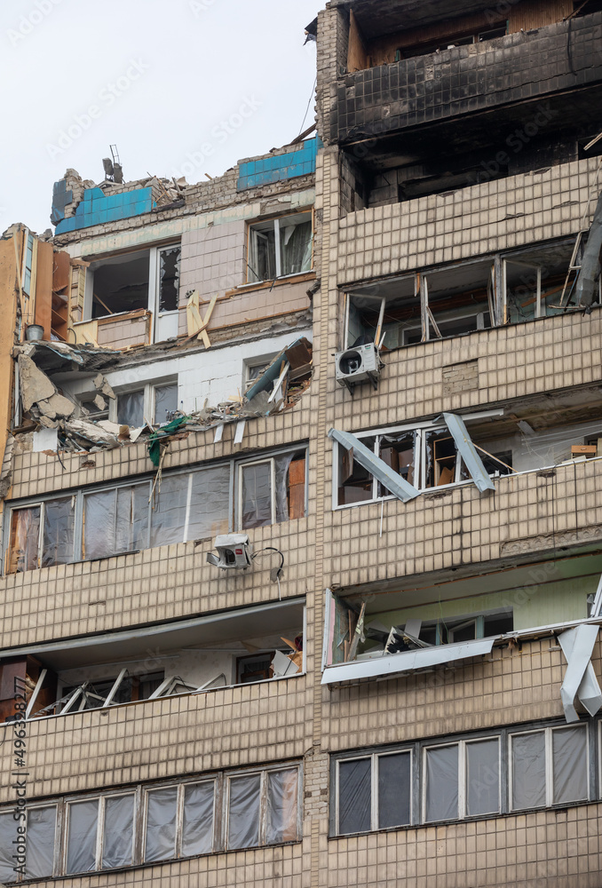 War in Ukraine. Damaged residential building
