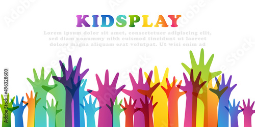 Colorful children hands up.  Kids creative rainbow vector illustration.