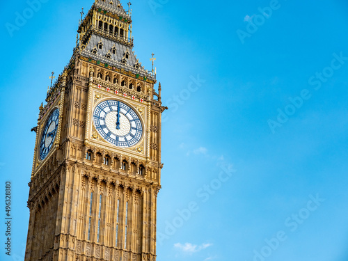 Big Ben at midday. Close detail of the iconic London landmark clock tower at exactly 12 o clock mid day.