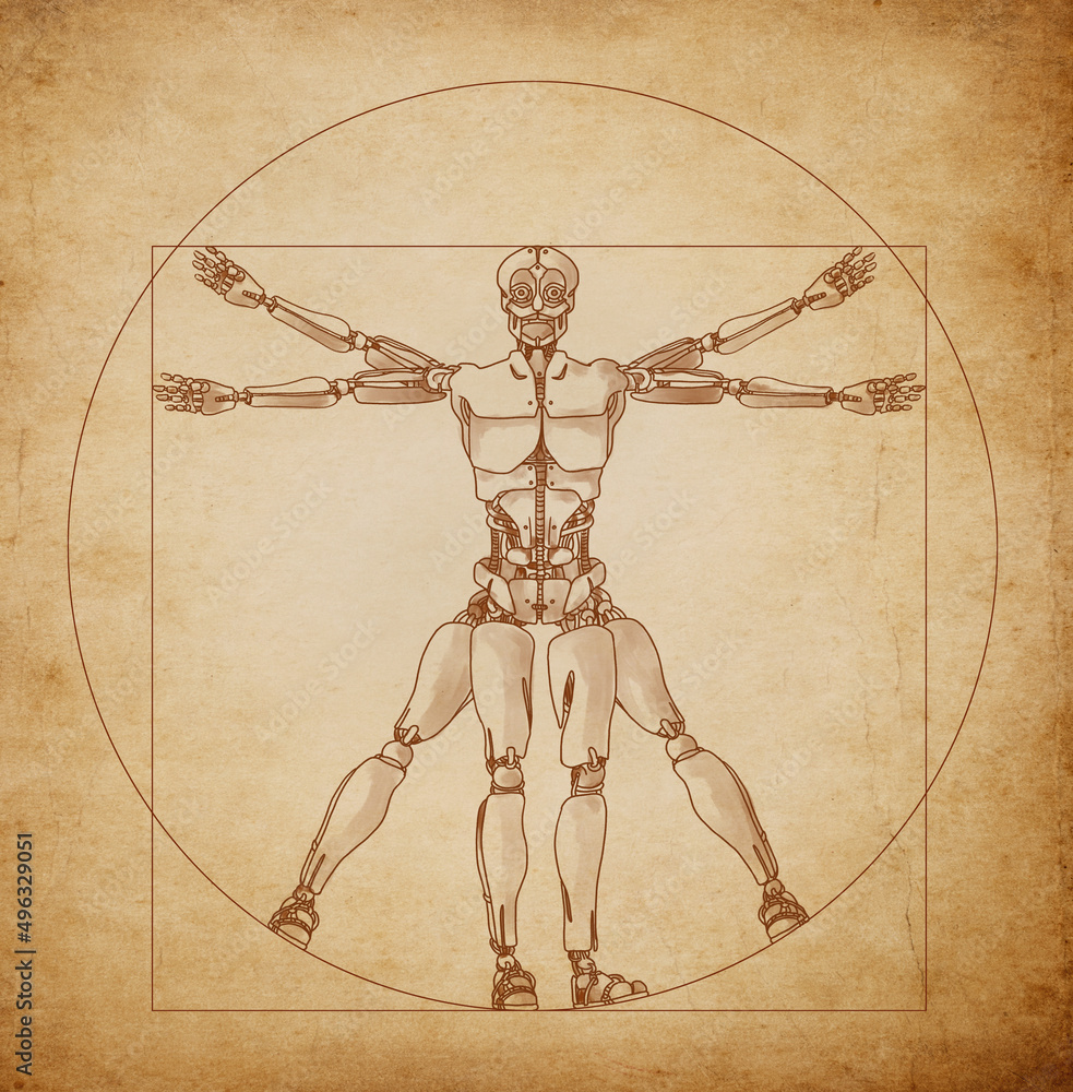 Leonardo da Vinci's Vitruvian Man as a Robot, hand drawn Illustration