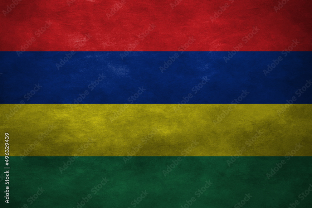 Patriotic stone wall background in colors of national flag. Mauritius
