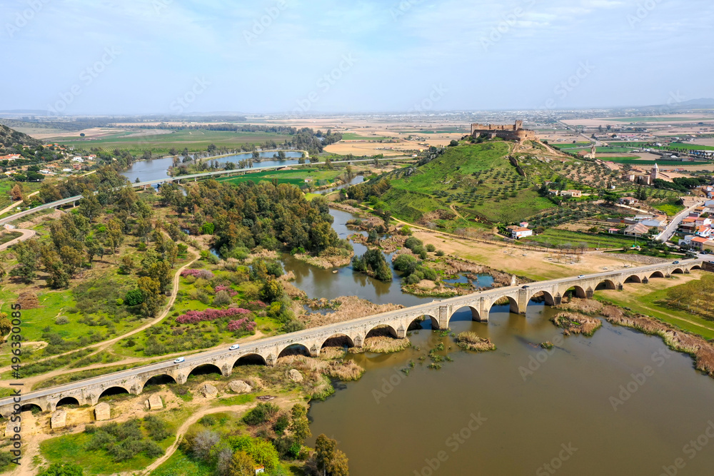 aerial view of the Guadiana River and the town of Medellin with old bridge and castle