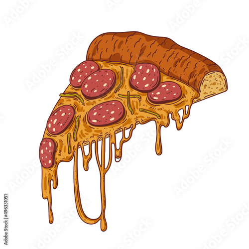 Pizza Slice, isolated vector illustration. Colored sketch drawn illustration of a hot slice of pepperoni pizza with melting cheese. Food cafe, pizzeria logo, signboard, ad banner, menu design element.