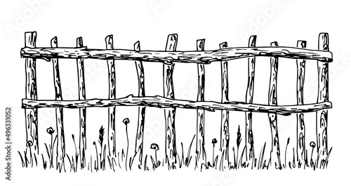 Simple hand drawn black outline vector drawing. Ink sketch, doodle. Rural wooden fence, wattle. Dividing, protection farm fields.