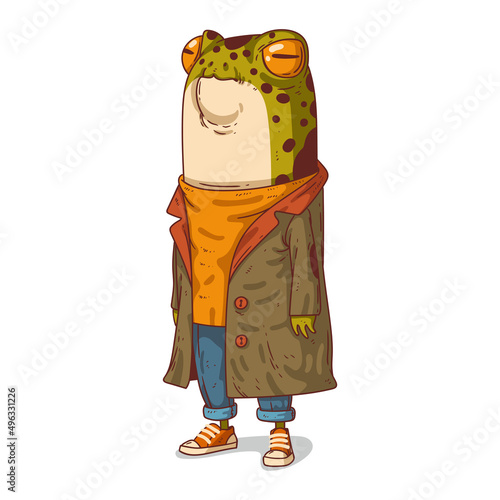 A Hipster Frog, isolated vector illustration. Young arrogant toad in a cloak. Casually dressed anthropomorphic frog. An animal character with a human body. Humanized toad. A city dweller