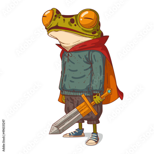 A Prince Frog, isolated vector illustration. Young casually dressed anthropomorphic frog wearing a red cape and holding a massive sword. A fairytale frog knight. An animal character with a human body. © Kyyybic