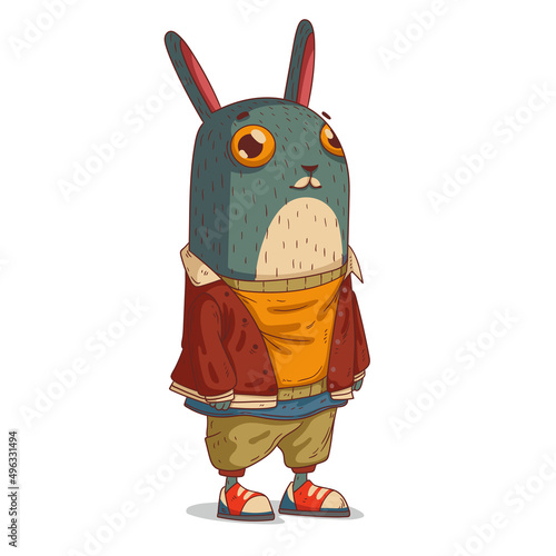 Cool Hipster Rabbit, vector illustration. Anthropomorphic hare wearing street style clothes. An animal character with a human body. Positive trendy dressed hare. Humanized bunny dude. 2023 symbol.