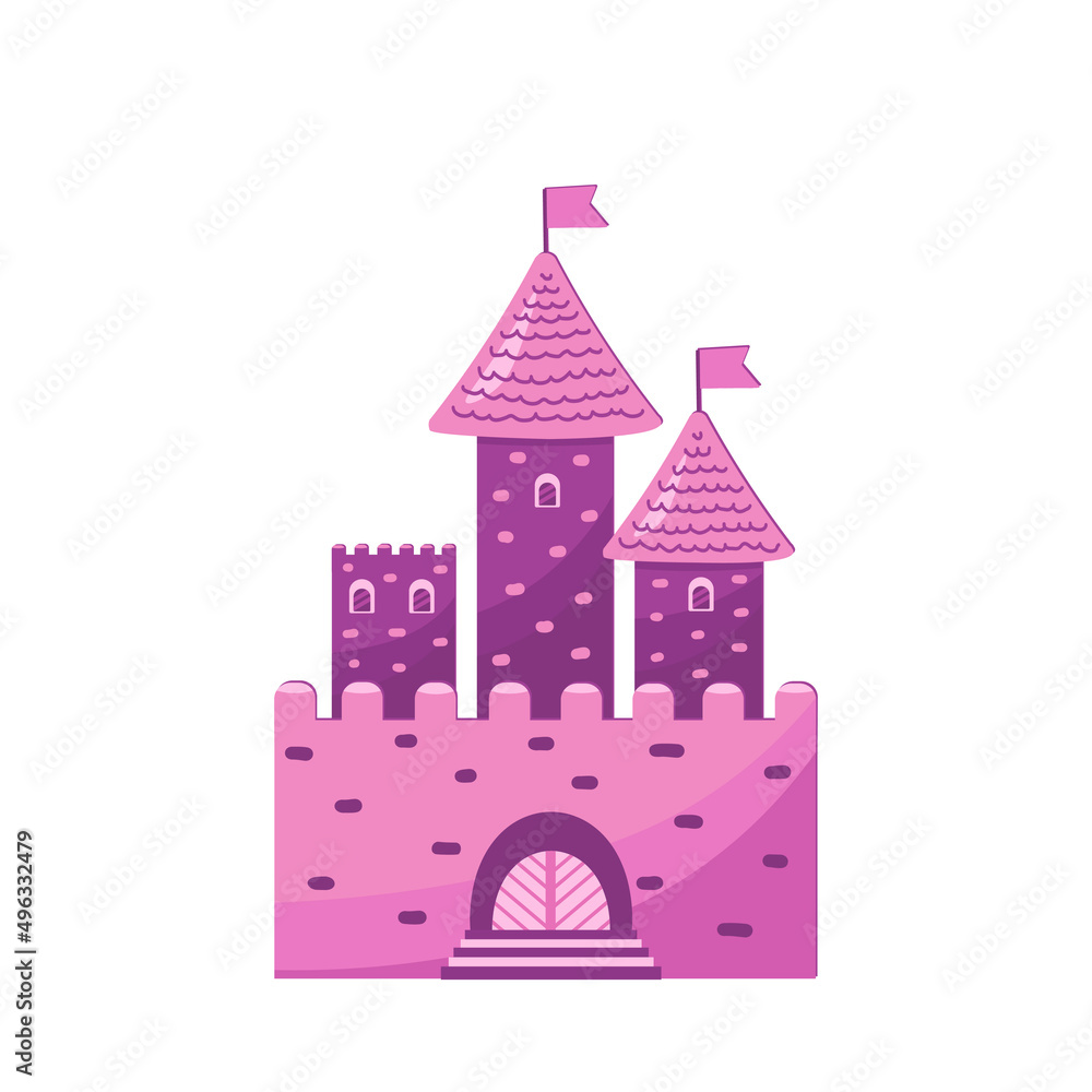 Princess castle, pink magic castle. Fairytale. Vector Illustration for printing, backgrounds, packaging, greeting cards, posters, stickers, textile and seasonal design. Isolated on white background.