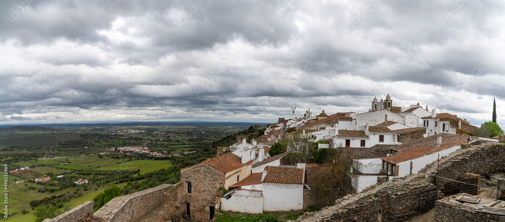 panorama view of the historic world heritage village of Monsaraz in the Alentejo region of Portugal