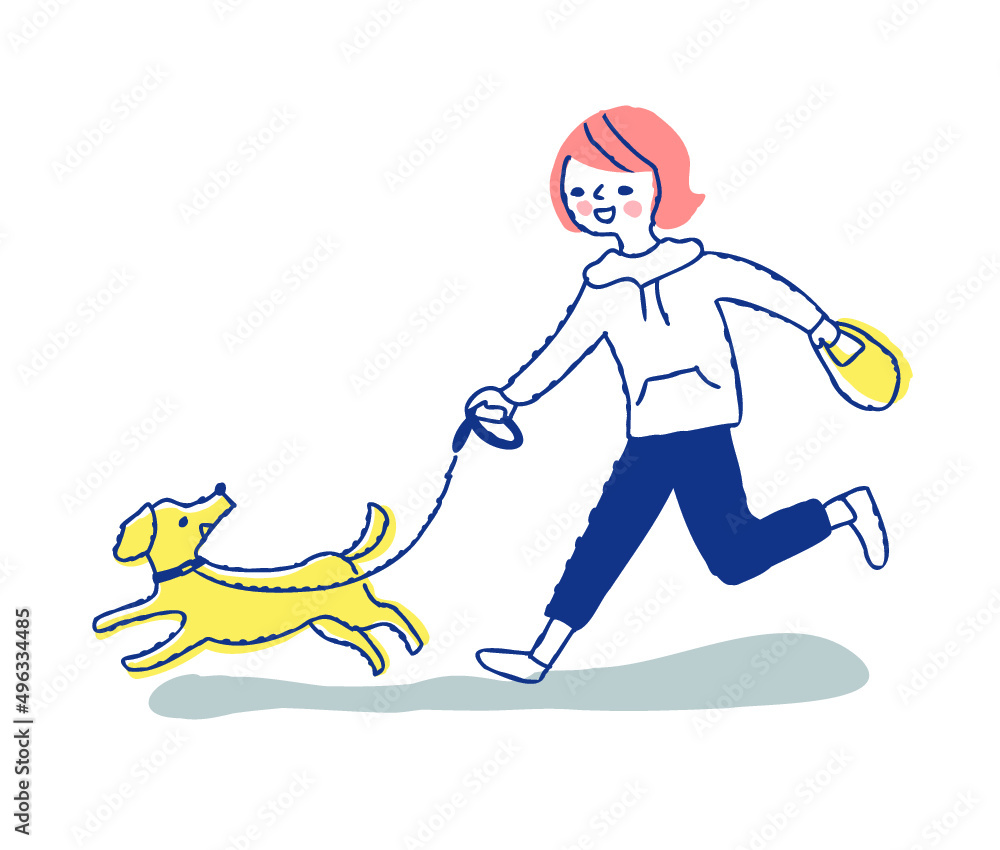 Obraz premium 散歩中に一緒に走る犬と若い女性