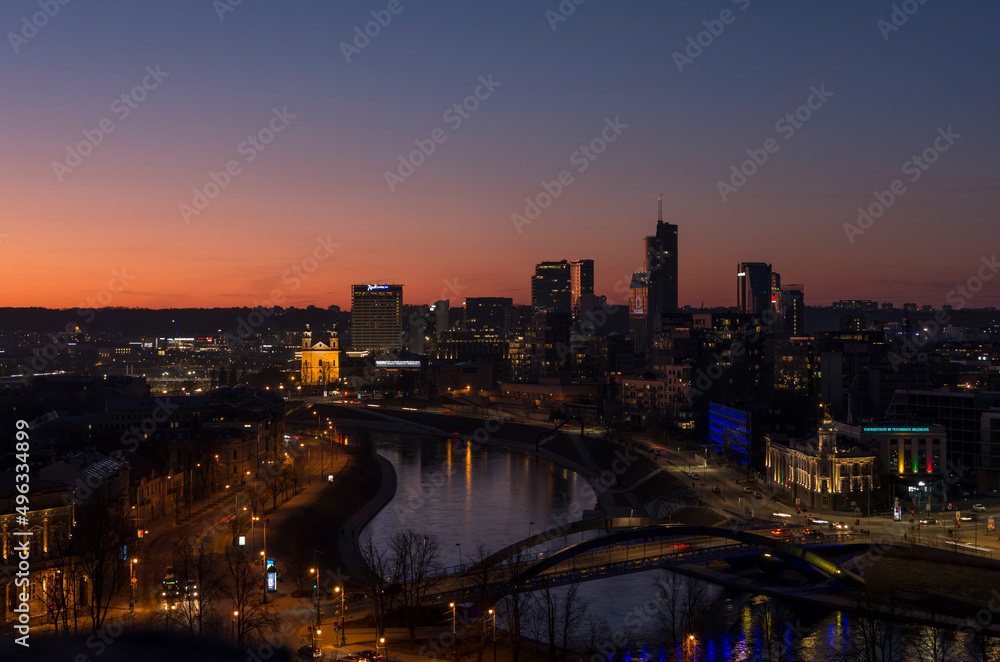 Beautiful view of Vilnius from the hill of Gediminas' tower at sunset