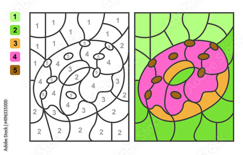 Color by numbers donut. Puzzle game for children education, colors for drawing and learning mathematics