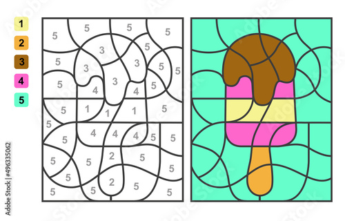 Color by numbers ice cream. Puzzle game for children education, colors for drawing and learning mathematics