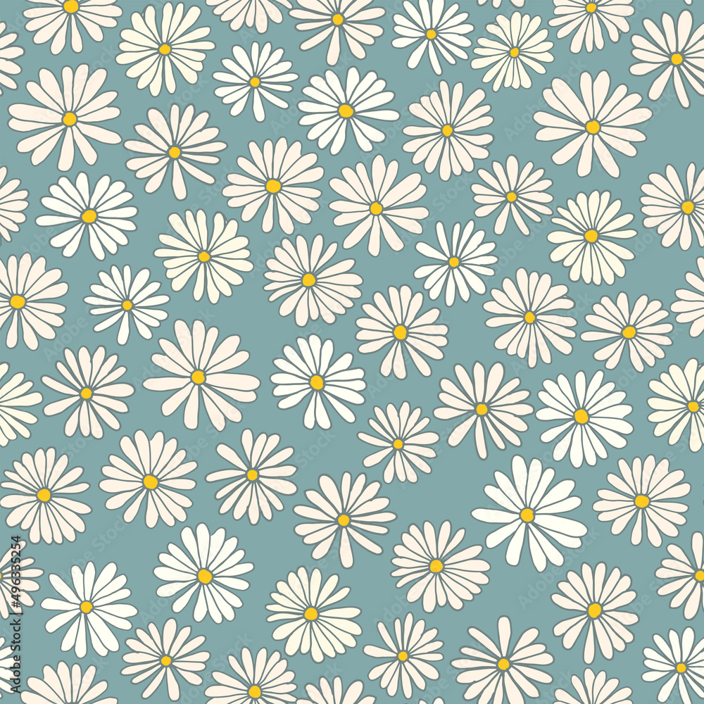 Ditsy flowers vector seamless pattern. Vintage floral surface design. Retro styled botanical background. Chamomile meadow. Field of wild flowers. Modern print for fabric, paper