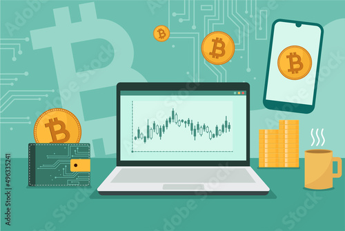Illustration of pc showing bitcoin traiding graphs. investment concept illustration photo