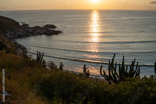 red sunset in the ocean with cacti, Praia Grande, Arraial do Cabo, Rio de Janeiro, Brazil