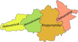 Pastel flat vector map of raion areas of the Ukrainian administrative area of KIROVOHRAD OBLAST, UKRAINE with black border lines and name tags of its raions