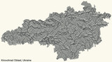 Topographic relief map of the Ukrainian administrative area  of KIROVOHRAD OBLAST, UKRAINE with black contour lines on vintage beige background