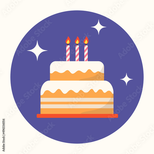 Birthday cake flat vector ilustration. Colorful picture for gift card with cake and candles. Isolated