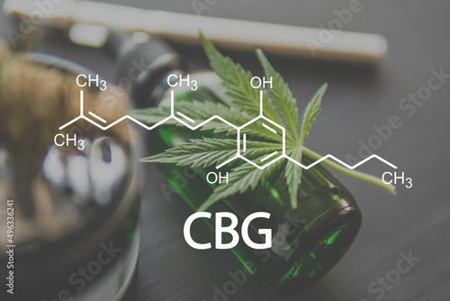 CBG Cannabis plants chemical formula. with cannabigerol molecule.