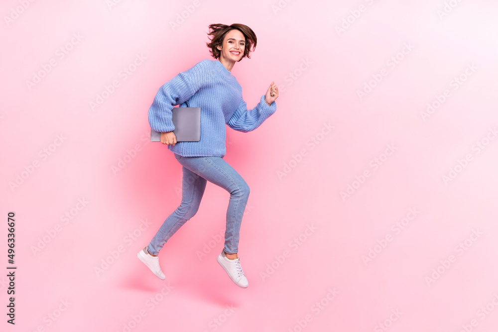 Full size profile size photo of funky carefree lady running to work freelancer travel isolated on pink color background