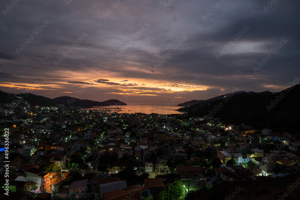 Dawn at Anjos Beach, Arraial do Cabo, Rio de Janeiro. Sunrise drone view. Night shot