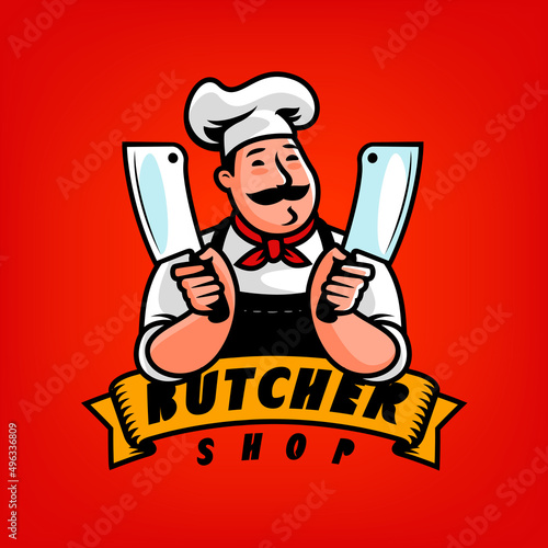 Butcher shop logo emblem for design. Funny Chef with cleaver cartoon character vector illustration