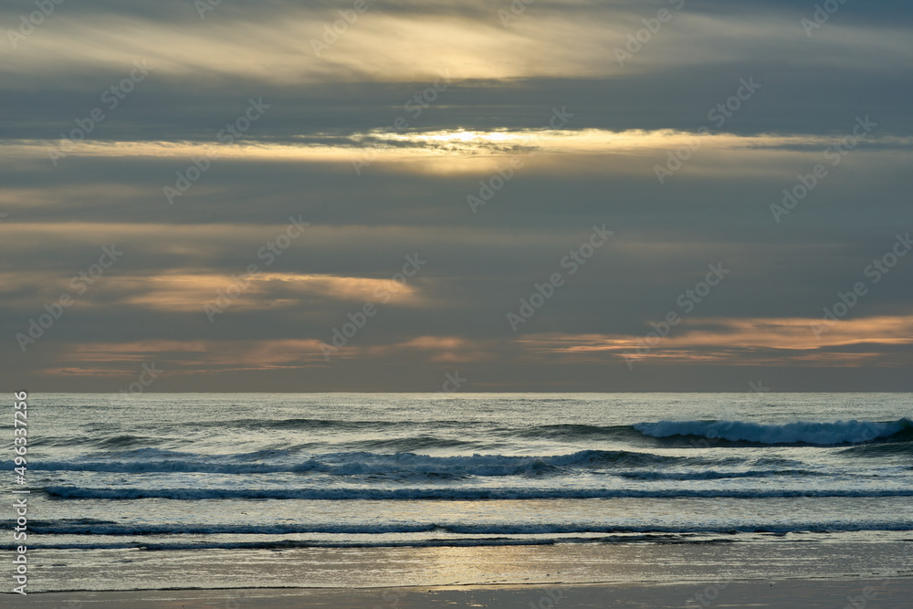 Evening view of the Pacific Ocean Oregon Coastline, waves at Indian beach.