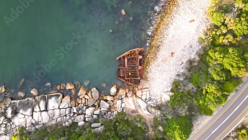 Aerial view of The Antipolis shipwreck which washed up on shore underwater, Cape Town, South Africa. photo