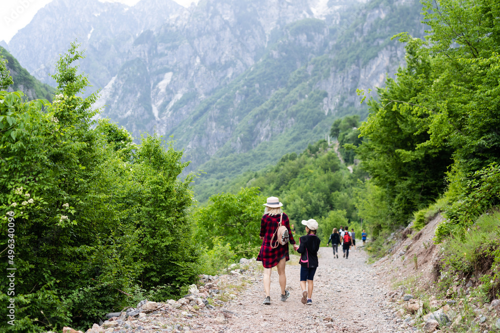 Traveling mother and daughter in the mountains of albania Traveling mother and daughter in the mountains of albania