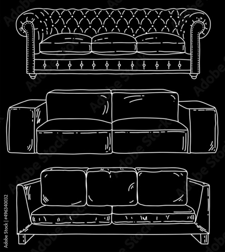 Furniture vector set with sofa. Modern interior details isolated. Line sketch illustration.