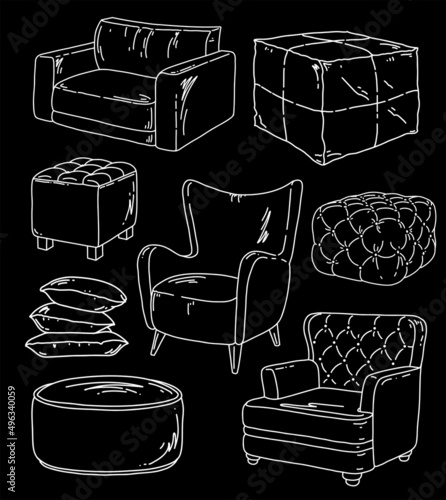 Interior vector line illustration with armchair, pouf and pillow. Loft style room. Line sketch illustration.