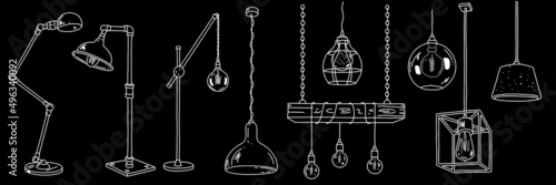 Set of floor and ceiling lamps. Loft style torchere. Industrial design element for home illumination and decor. Vector illustration.