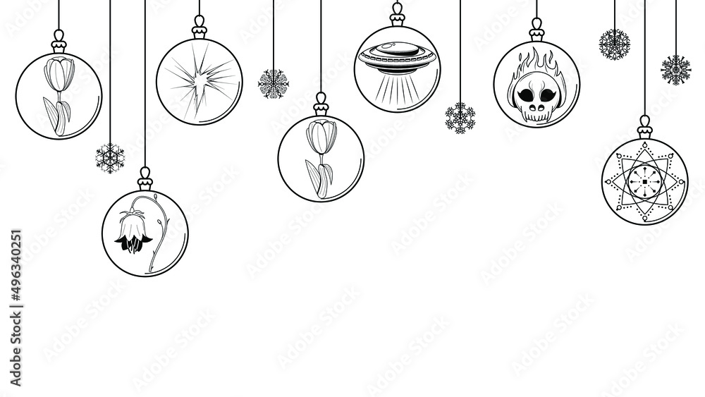 Black Doodle Outline Simple Line Abstract Maerry Christmas Xmas Balls With Snowflakes Holiday Decorations Happy New Year Background Vector Design Style Black Doodle Outline Simple Line Abstract Maerry Christmas Xmas Balls With Snowflakes Holiday Decorations Happy New Year Background Vector Design Style