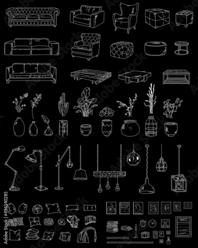 Interior set loft style. Living room creation kit. Doodle furniture and comfortable cozy home accessories. Collection with sofa, armchair, table, pot, plant, lamp, pillow. Line vector illustration