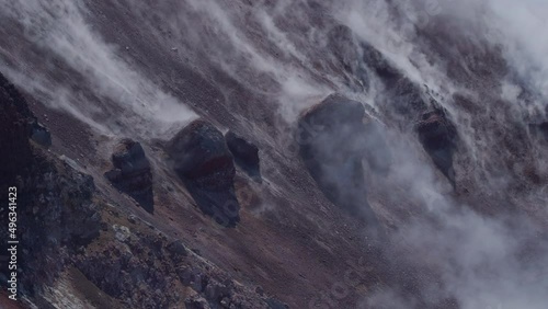 Caldera of Avachinsky stratovolcano, also known as Avacha Volcano. Swinging steam from hot geysers. Kamchatka Peninsula, Russia.