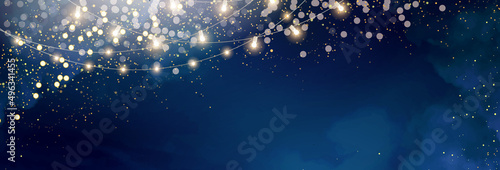 Magic night dark blue banner with sparkling glitter bokeh and line art